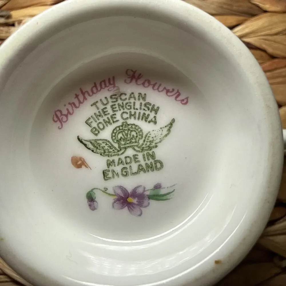 Tuscan Birthday Flowers Bone China Teacup & Saucer Violet Floral England Vtg
